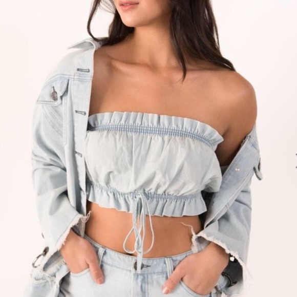 Eggie Chambray Bandeau Tube Top – Light Blue Ruffle Bow Strapless Crop - Picture 1 of 6
